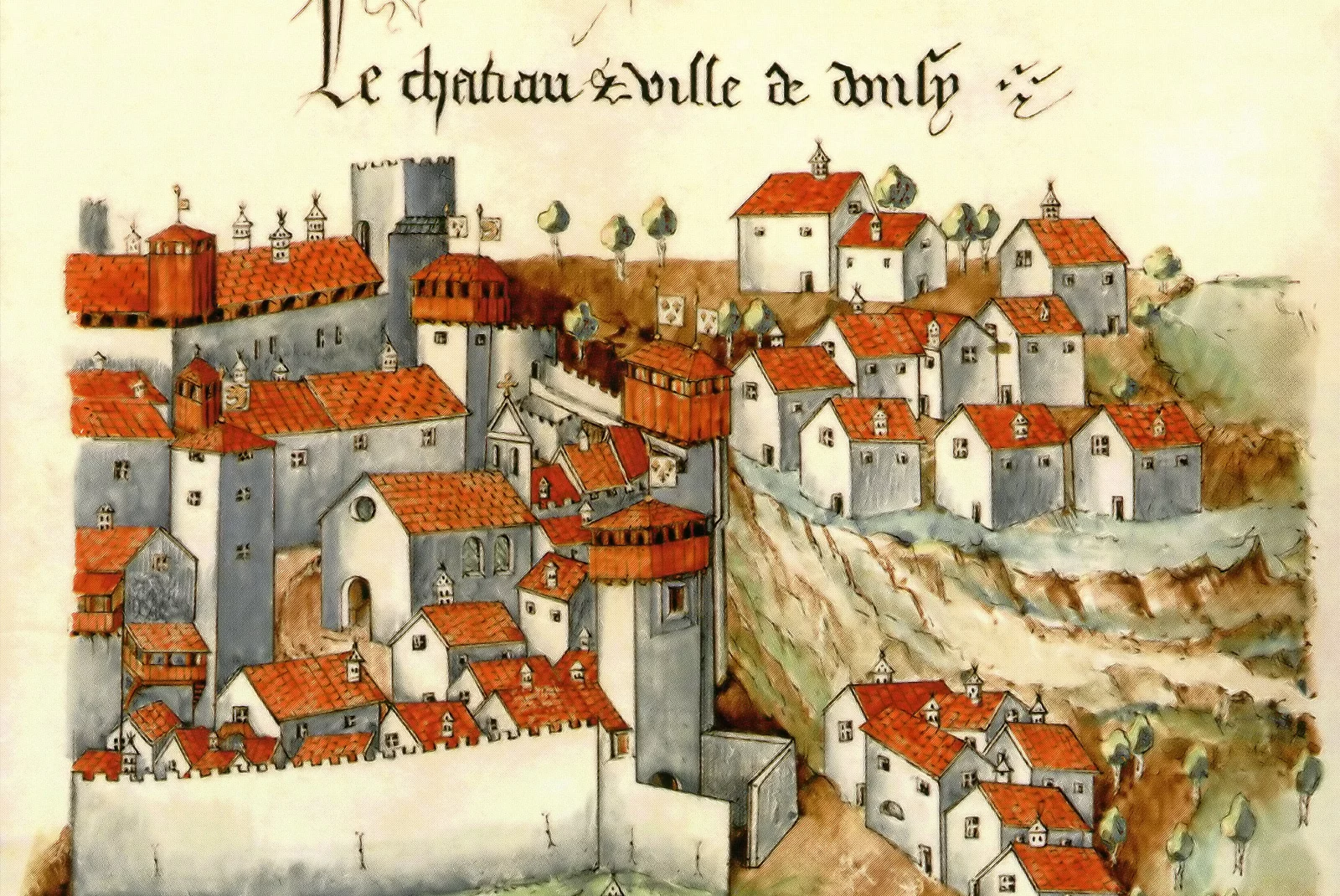 Gravure du chateau et ville de Donzy